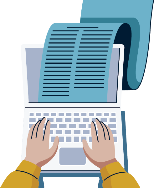 Ilustración vectorial de unas manos escribiendo en una laptop con un documento saliendo de la pantalla