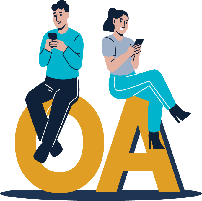 Ilustración vectorial de un joven y una joven sentados sobre las letras O y A, usando sus teléfonos inteligentes
