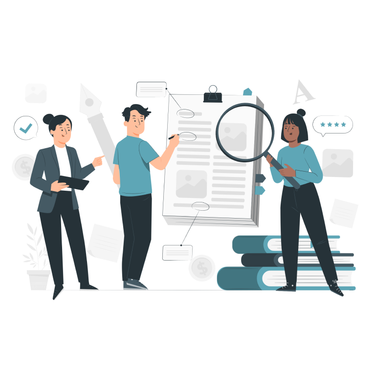 Ilustración de personas revisando el contenido de lo que parece ser una revista