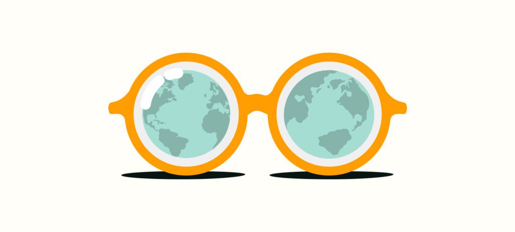Lentes ópticos, con un planeta tierra en cada mica, ilustracióm vectorial, carta edit