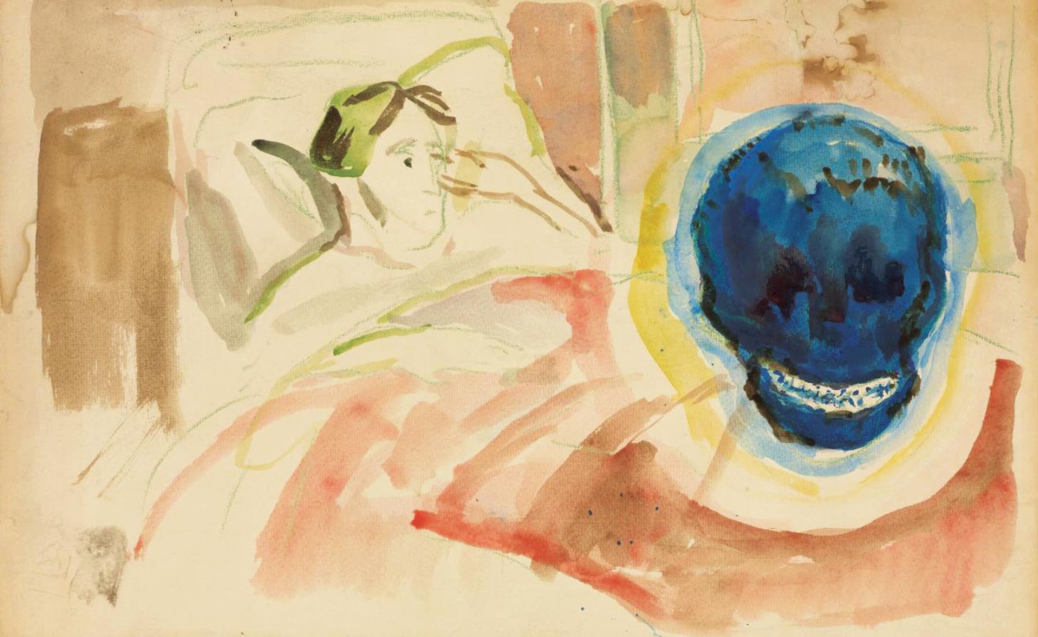 pintura del artista edvard Munch retratando a una persona en cama con una calavera de frente