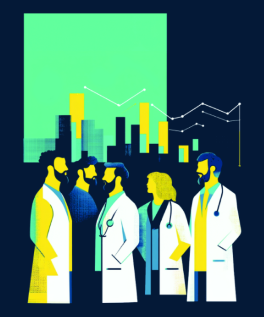 Ilustración de un grupo de doctores, con un figuras que asemejan una ciudad, en el fondo