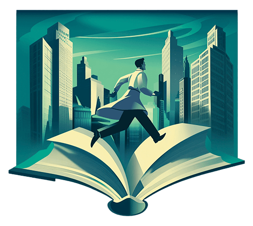 doctor corriendo sobre un libro abierto con una ciudad de fondo, ilustración vectorial carta del editor infoofta