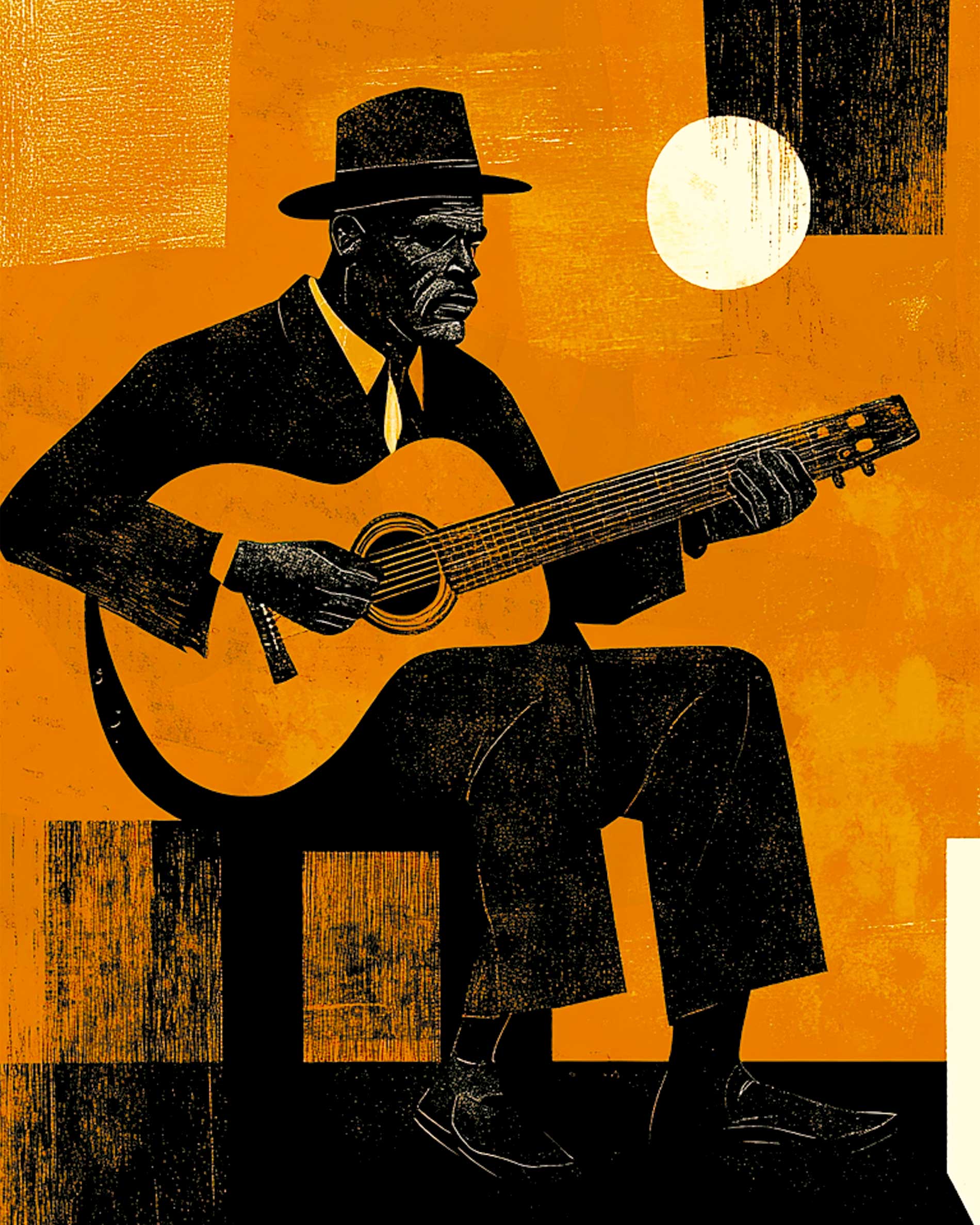 ilustración de hombre con ceguera tocando la guitarra música blues