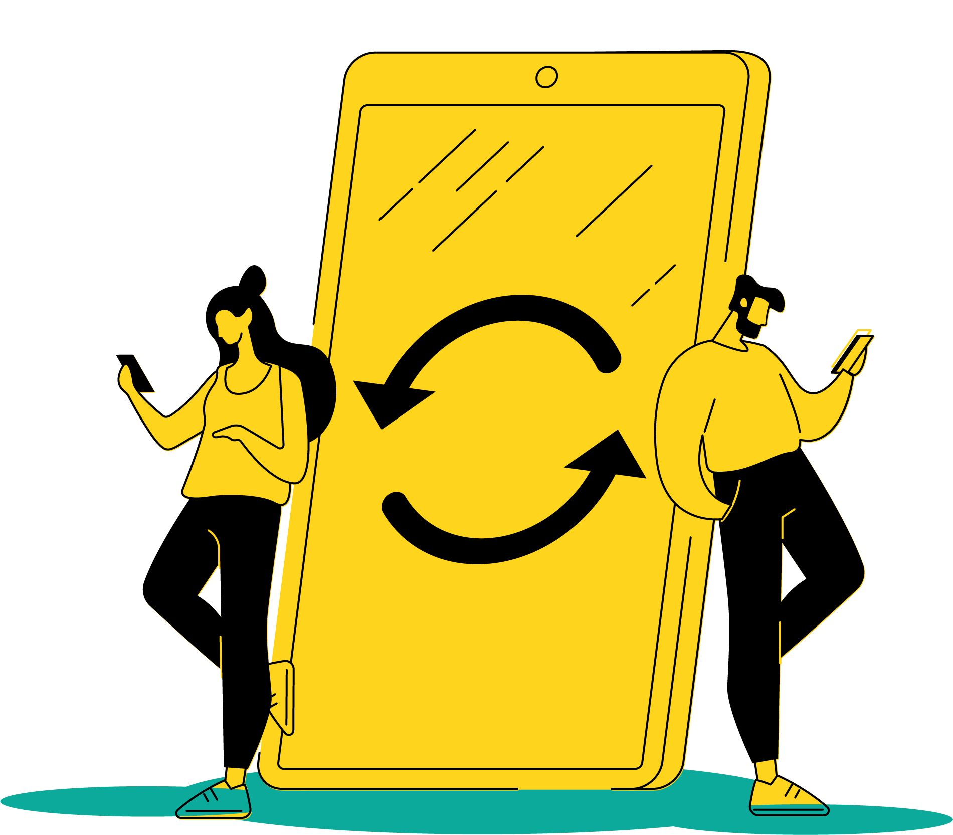 Ilustración de teléfono inteligente grande con las figuras de un hombre y una mujer recargos en él usando sus celulares
