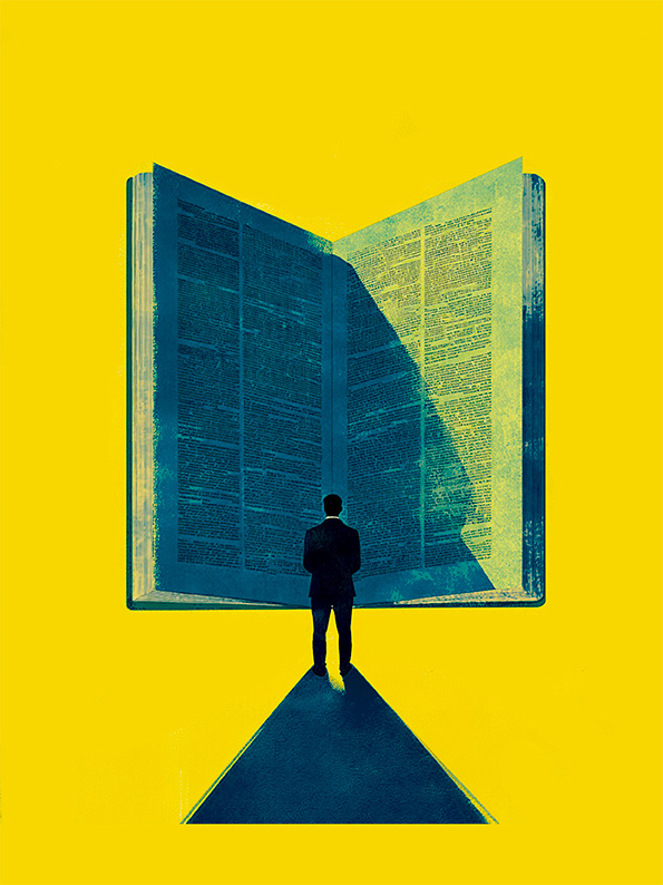 Ilustración de un hombre parado frente a un libro abierto de gran tamaño. Fondo amarillo brillante.