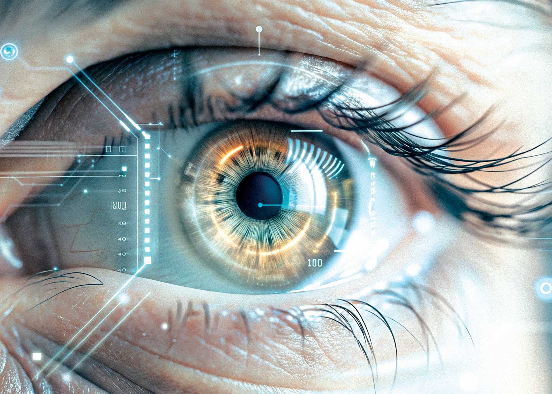 Fotografía en primer plano de un ojo de mujer, donde se aprecia a detalle la córnea, el iris, las pestañas y el párpado. Sobre él, se muestran gráficos que ilustran tecnología