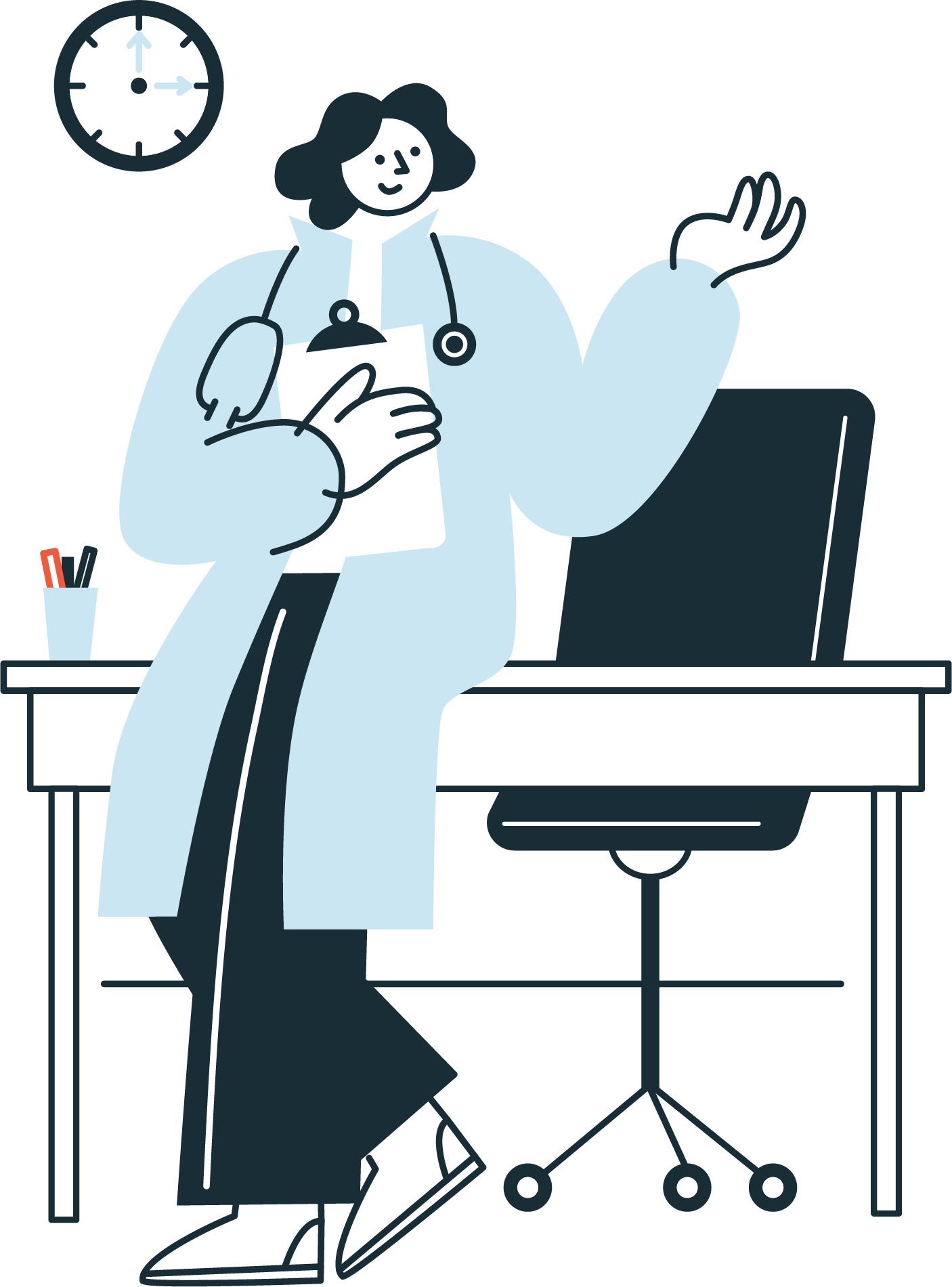 Ilustración vectorial de una doctora sosteniendo un portapapeles, recargada sobre un escritorio. Se ven otros elementos como una silla de oficina, un portalápices y un reloj de pared