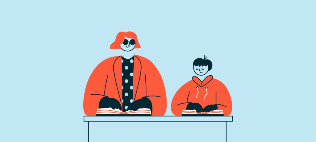 Ilustración vectorial de una mujer y un niño, uno al lado del otro, leyendo con dos libros abiertos sobre escritorio