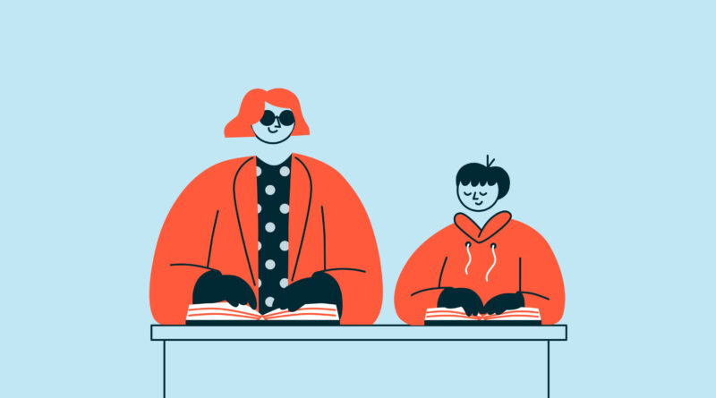 Ilustración vectorial de una mujer y un niño, uno al lado del otro, leyendo con dos libros abiertos sobre escritorio