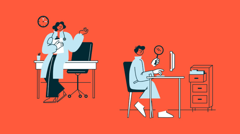Ilustración vectorial doctores de oftalmología en oficina