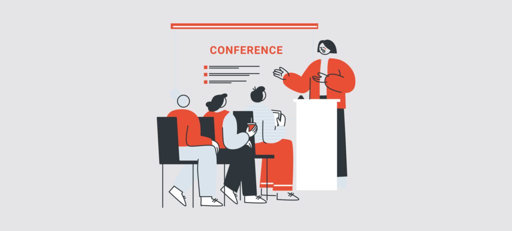 ilustración vectorial de una doctora oftalmóloga dando una conferencia frente al público