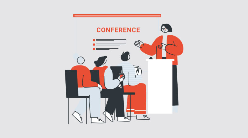 ilustración vectorial de una doctora oftalmóloga dando una conferencia frente al público