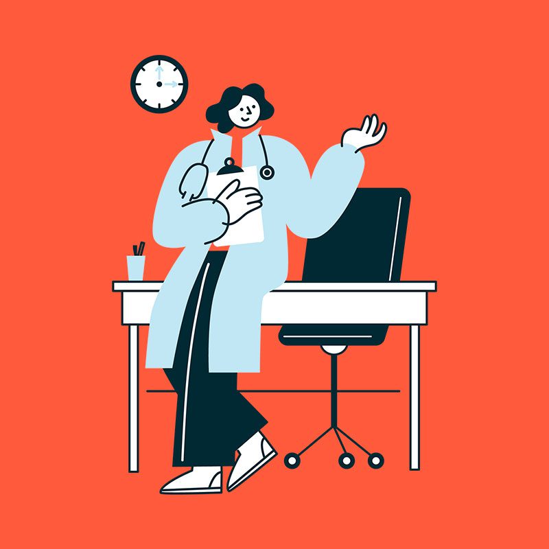 Ilustación vectorial de una doctora apoyada sobre un escritorio. Fondo rojo anaranjado.