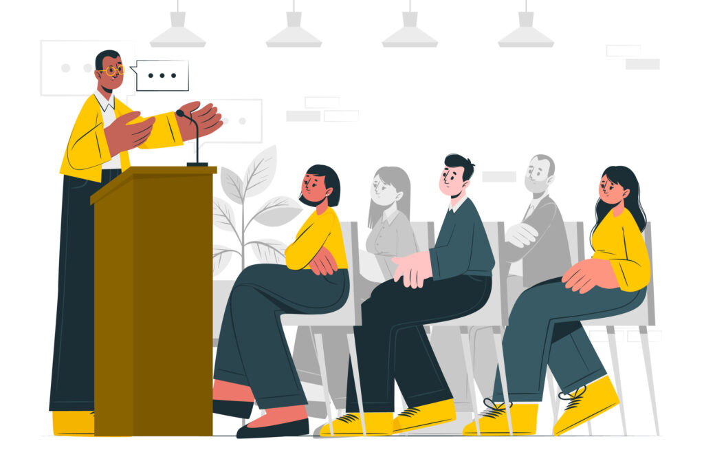 Ilustración vectorial de un joven hablando desde un podio a un grupo de jóvenes sentados en sillas, para representar la agenda de eventos de oftalmología y congresos