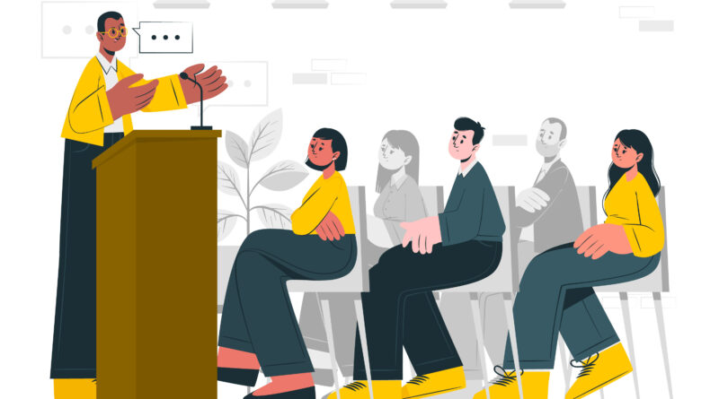 Ilustración vectorial de un joven hablando desde un podio a un grupo de jóvenes sentados en sillas, para representar la agenda de eventos de oftalmología y congresos