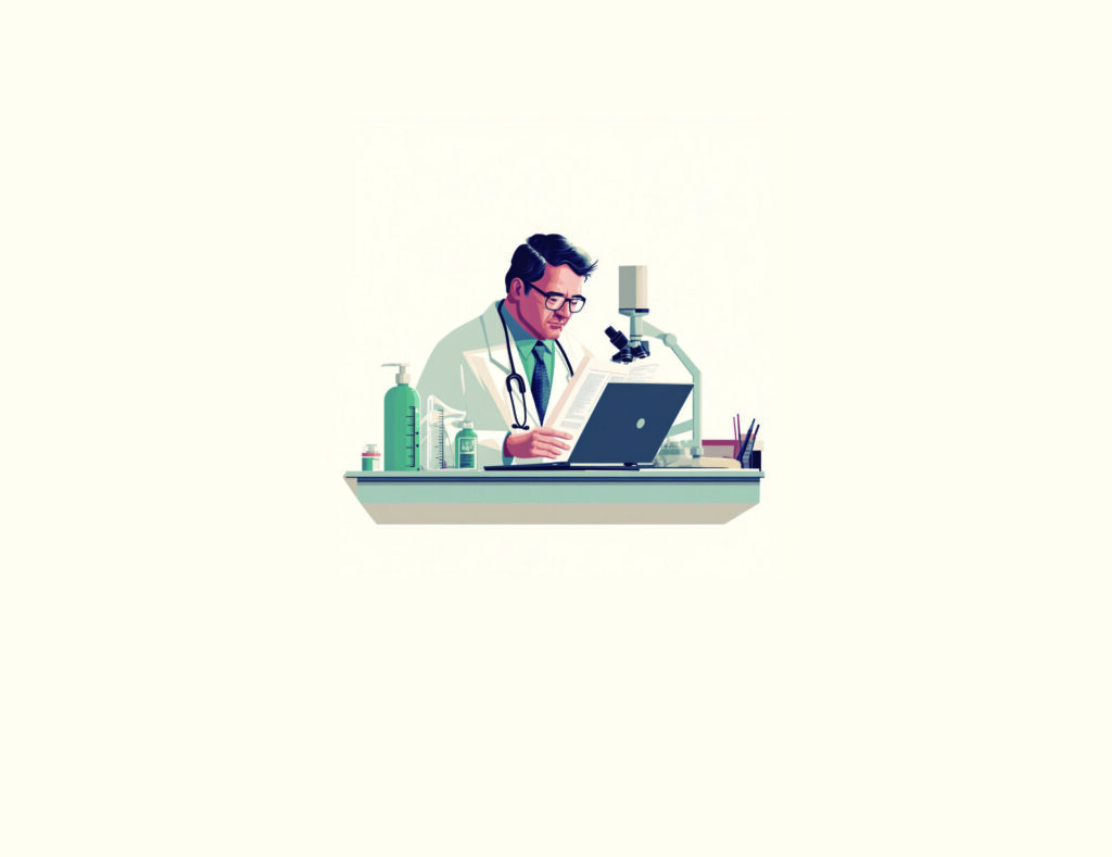 Ilustración, doctor en su escritorio leyendo documento, consejo asesor editorial