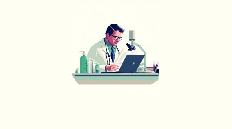 Ilustración, doctor en su escritorio leyendo documento, consejo asesor editorial