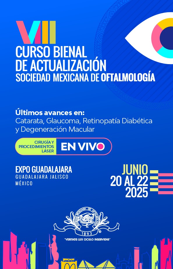 Cartel oficial del VIII Curso Bienal de Actualización en Oftalmología organizado por la Sociedad Mexicana de Oftalmología, que se celebrará del 20 al 22 de junio de 2025 en Expo Guadalajara. Incluye información sobre cirugía y procedimientos láser en vivo, y temas como catarata, glaucoma, retinopatía diabética y degeneración macular.
