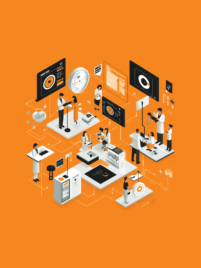 Ilustración vectorial con fondo color anaranjado y en el centro diferentes grupos de doctores realizando investigación científica con equipo tecnológico avanzado, como pantallas, monitores y equipo médico.