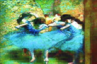 Pintura Bailarinas de azul. Óleo sobre lienzo de lino, del pintor Edgar Degas