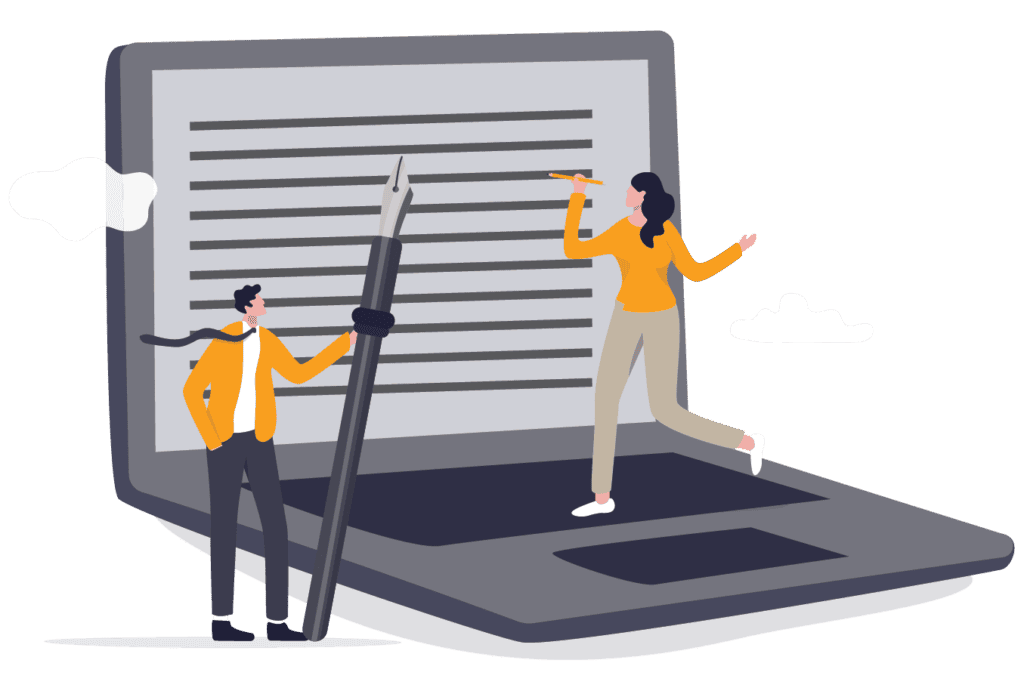 Ilustración vectorial de un joven sosteniendo una pluma para escribir de gran tamaño y una mujer simulando que escribe sobre la pantalla de una laptop gigante