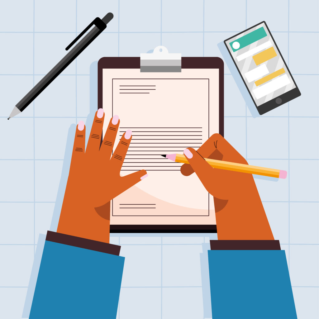 ilustración vectorial de manos escribiendo con un lapiz sobre una hoja de papel en un portapapeles, al lado izquierdo se observa un bolígrafo y al lado derecho un teléfono celular, representando la Carta al editor Vol. 6