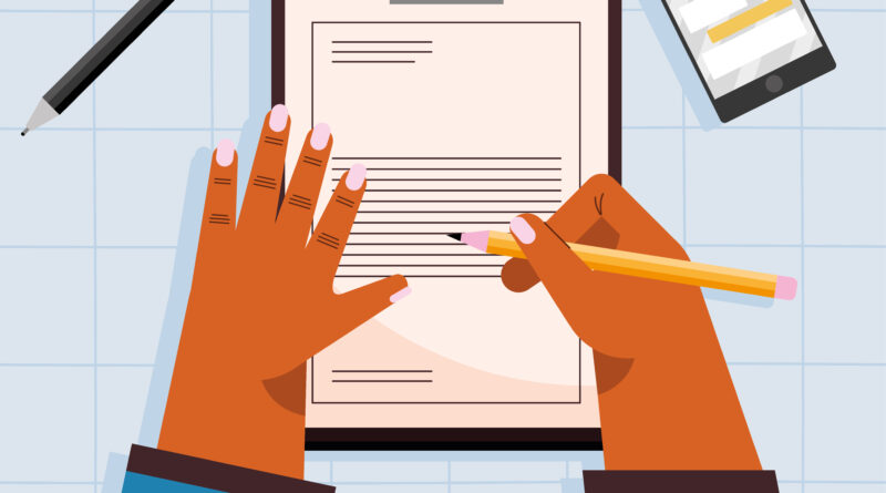 ilustración vectorial de manos escribiendo con un lapiz sobre una hoja de papel en un portapapeles, al lado izquierdo se observa un bolígrafo y al lado derecho un teléfono celular, representando la Carta al editor Vol. 6