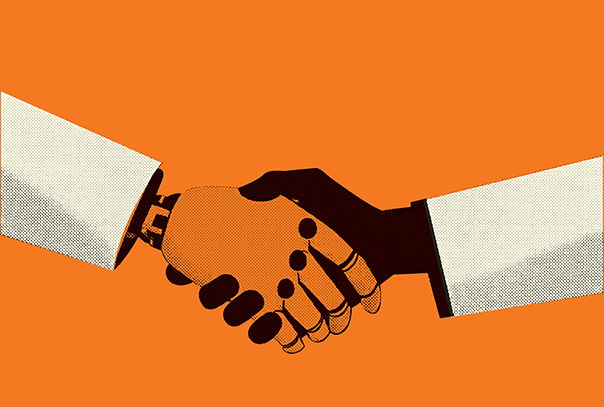 Ilustración vectorial de una mano robótica saludando a una mano humana con fondo anaranjado