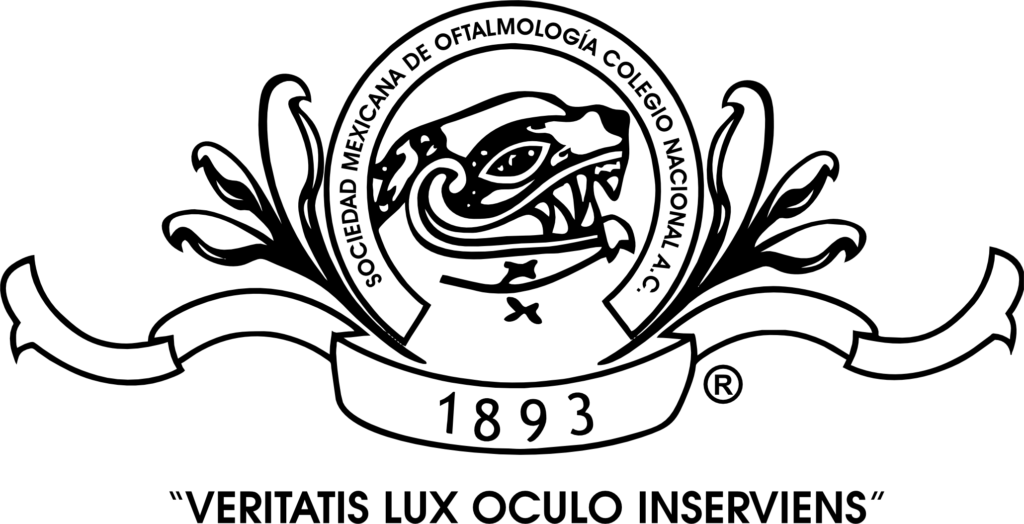 Logotipo institucional en blanco y negro de la Sociedad Mexicana de Oftalmología, que muestra un ojo al centro rodeado de una corona de laurel con la leyenda “Veritatis Lux Oculo Inservenis” y el año de fundación 1893. Representa a la organización profesional de oftalmólogos en México.