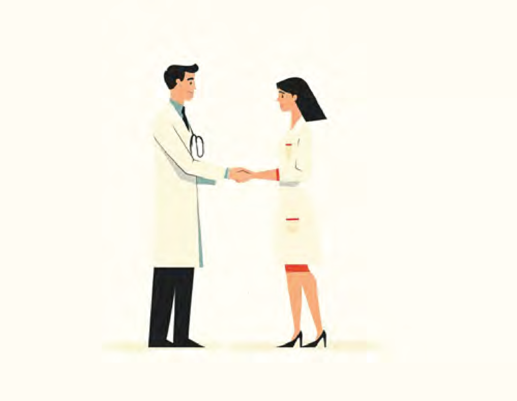 Ilustración vectorial de un doctor apretando manos con una doctora en forma de saludo