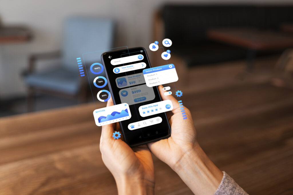 Persona utilizando una app en su smartphone con interfaz gráfica flotante que muestra análisis de datos. Refleja el uso de aplicaciones móviles como herramienta de tamizaje y seguimiento de enfermedades oculares como ojo seco.