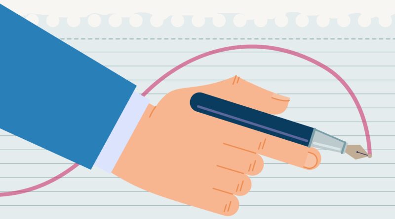 ilustración de mano escribiendo con una pluma sobre papel, representando una carta al editor