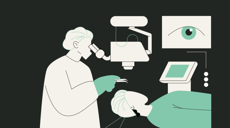Ilustración de vectores mostrando a un cirujano oftalmólogo operando a paciente. Se ve equipo médico como monitores, bisturí, y otros, representando la práctica medica de los oftalmólogos de Infoofta