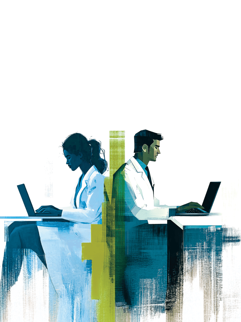 Hombre y mujer redactando en sus computadoras