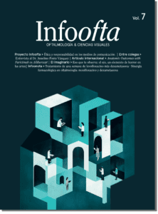 Portada de la revista Infoofta Volumen 7. El diseño muestra un laberinto de estructuras geométricas en tonos azul y blanco, con figuras humanas leyendo o consultando documentos, representando el conocimiento en oftalmología y ciencias visuales. En la parte superior se lee el título "Infoofta" junto con una lista de artículos destacados sobre ética médica, farmacología, arte y entrevistas a especialistas. Estilo visual minimalista y moderno.