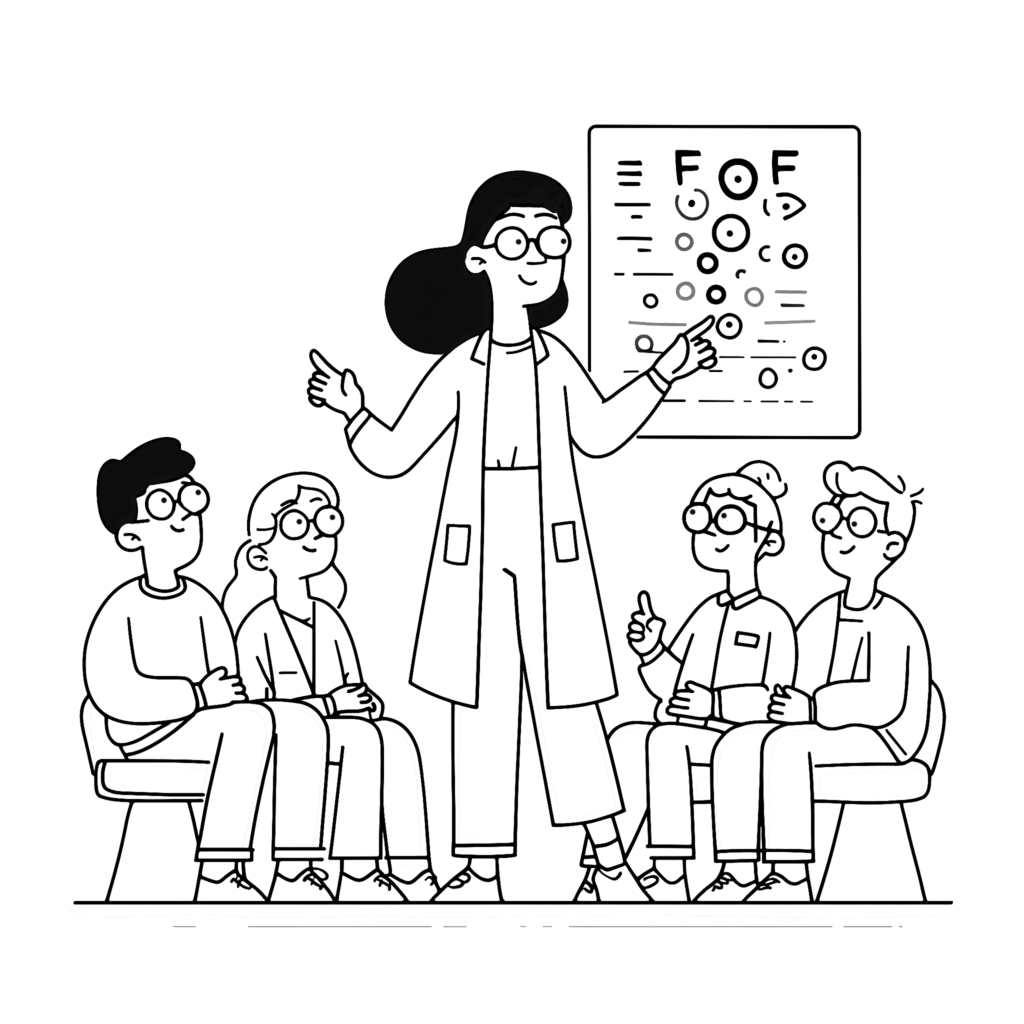 Ilustración de oftalmólogo explicando un examen de la vista